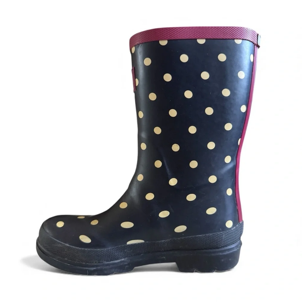 Joules Kids Waterproof Rubber Rain Boots Black Pink Yellow Polka Dot Shoes 13